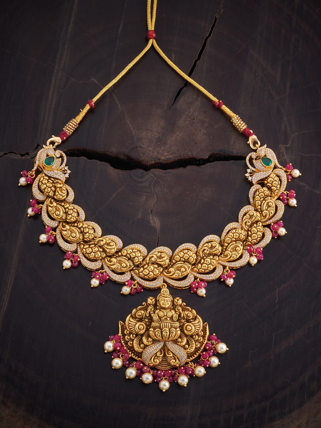 

Kushal's Fashion Jewellery Polish 92.5 Pure Silver Temple Necklace, Red