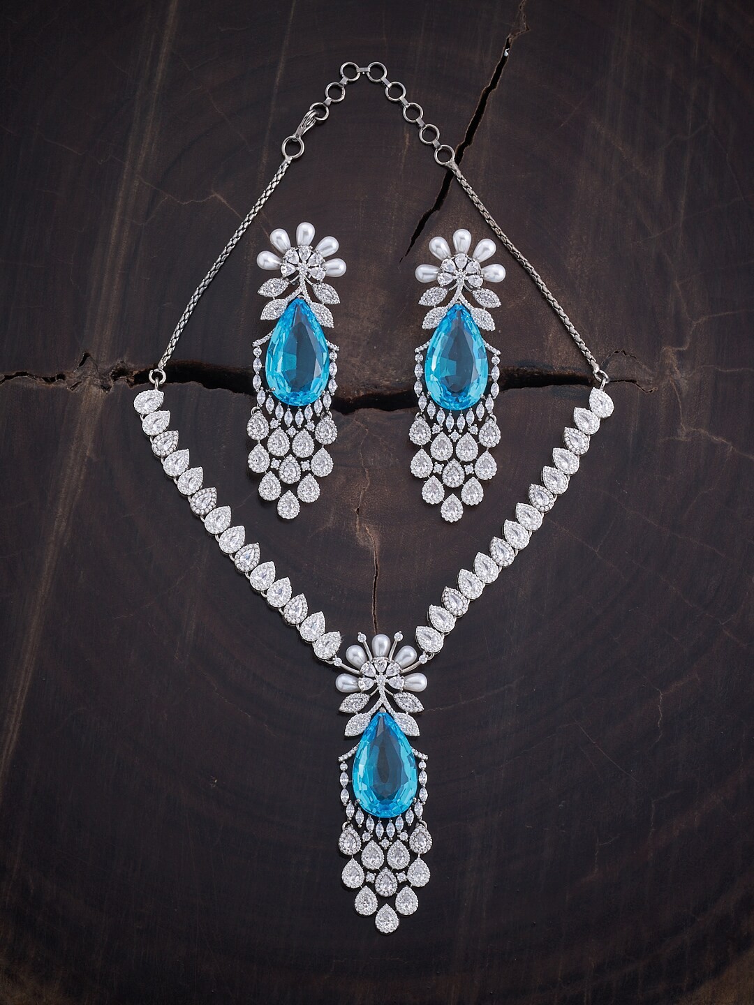 

Kushal's Fashion Jewellery Rhodium-Plated Black Polish & CZ-Studded Jewellery Set, Blue