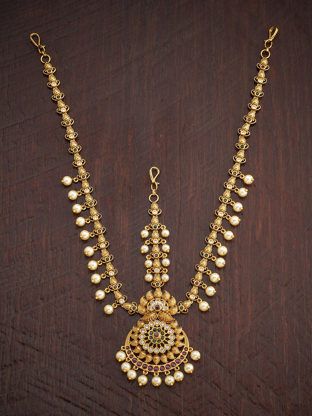 

Kushal's Fashion Jewellery Stones-Studded & Beaded Layered Antique Matha Patti, Red