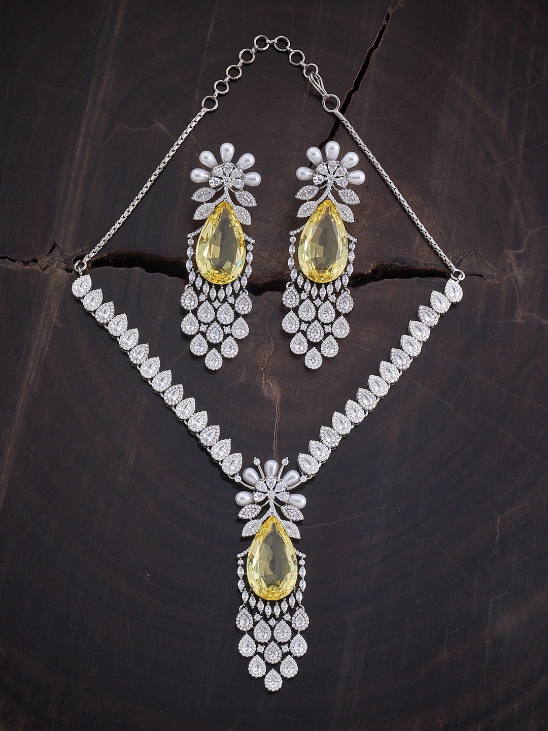 

Kushal's Fashion Jewellery Rhodium-Plated CZ Stone-Studded Jewellery Set, Yellow