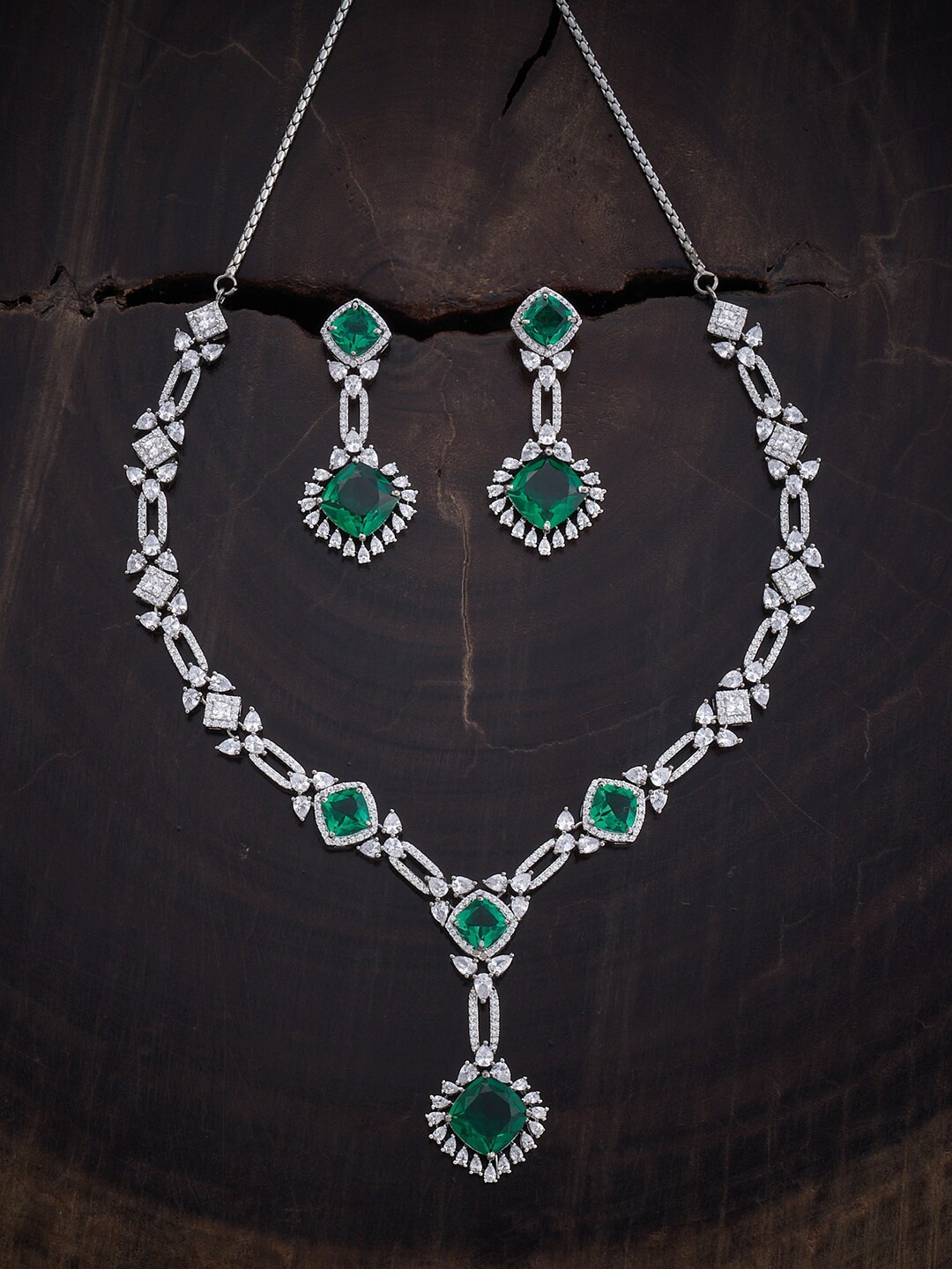 

Kushal's Fashion Jewellery Rhodium-Plated CZ-Studded Jewellery Set, Silver