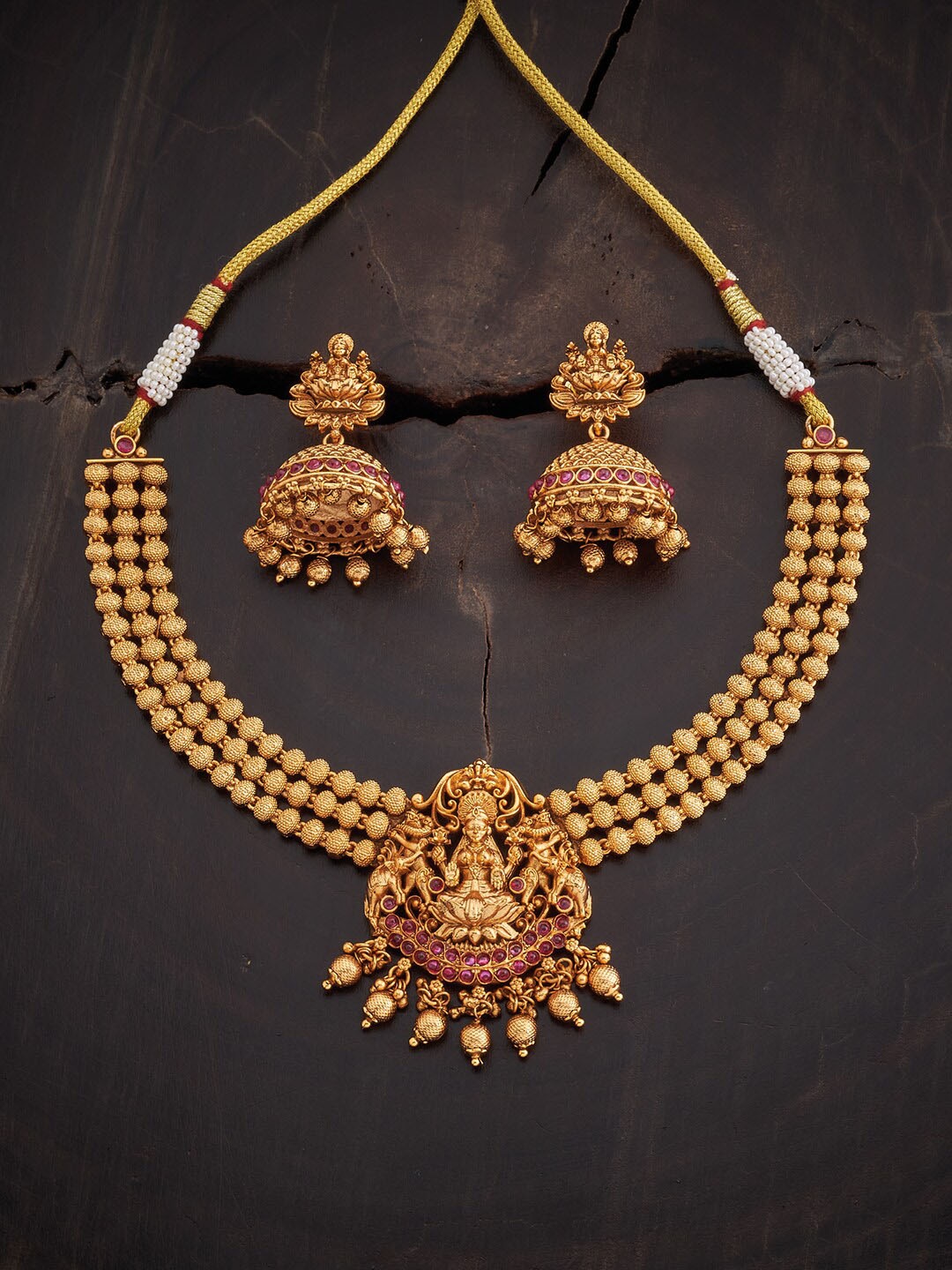 

Kushal's Fashion Jewellery Gold-Plated Stone-Studded Antique Jewellery Set