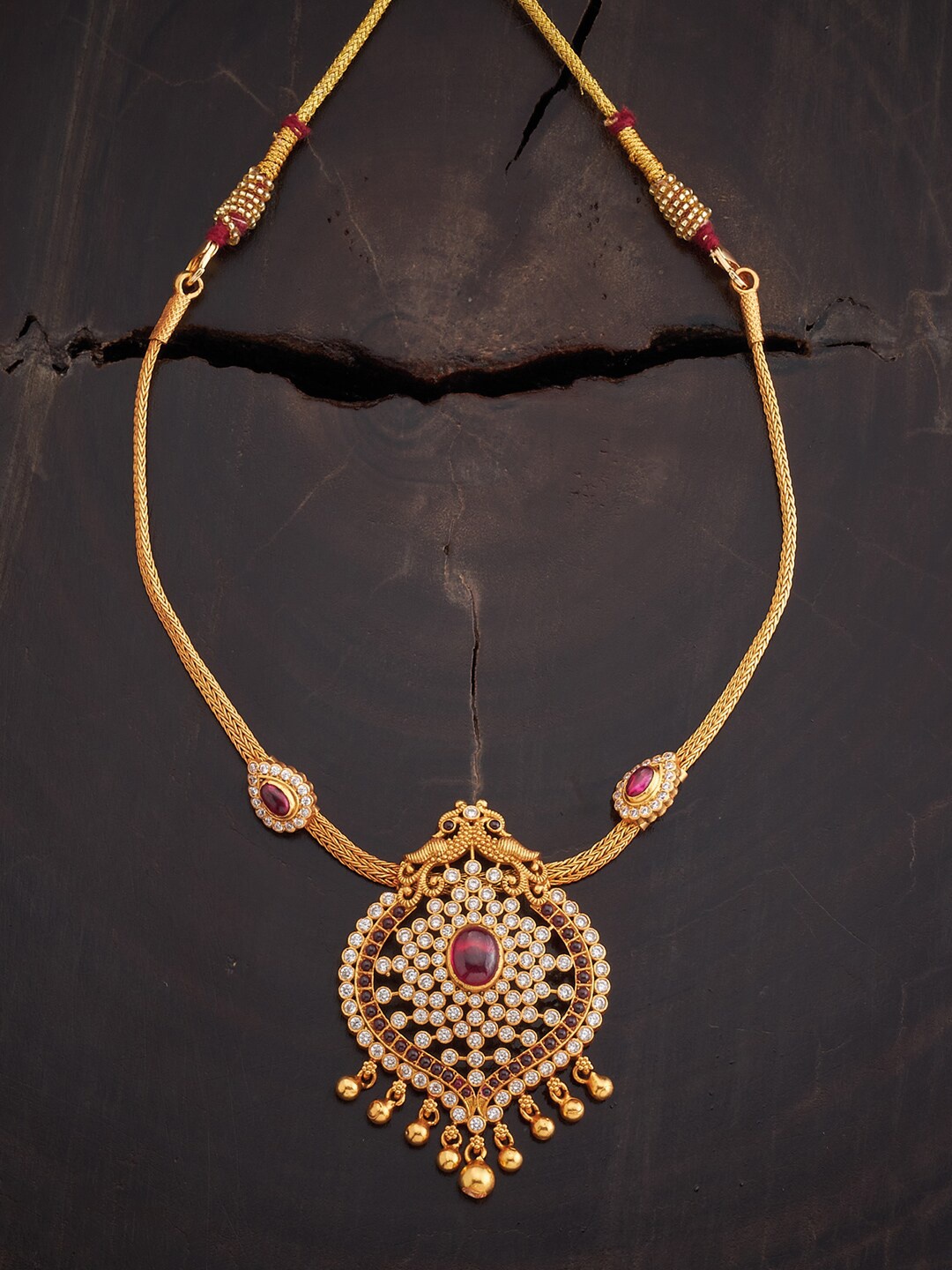 

Kushal's Fashion Jewellery Ruby 92.5 Pure Silver Gold Plated Temple Necklace, Red