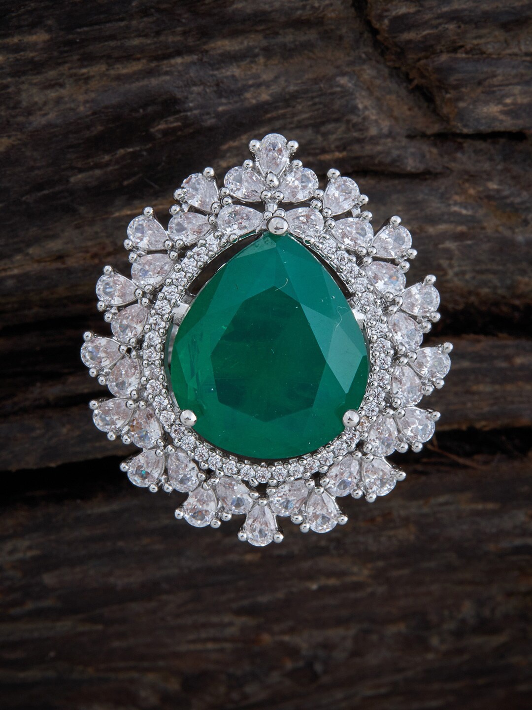 

Kushal's Fashion Jewellery Rhodium-Plated CZ Stone-Studded Adjustable Finger Ring, Green
