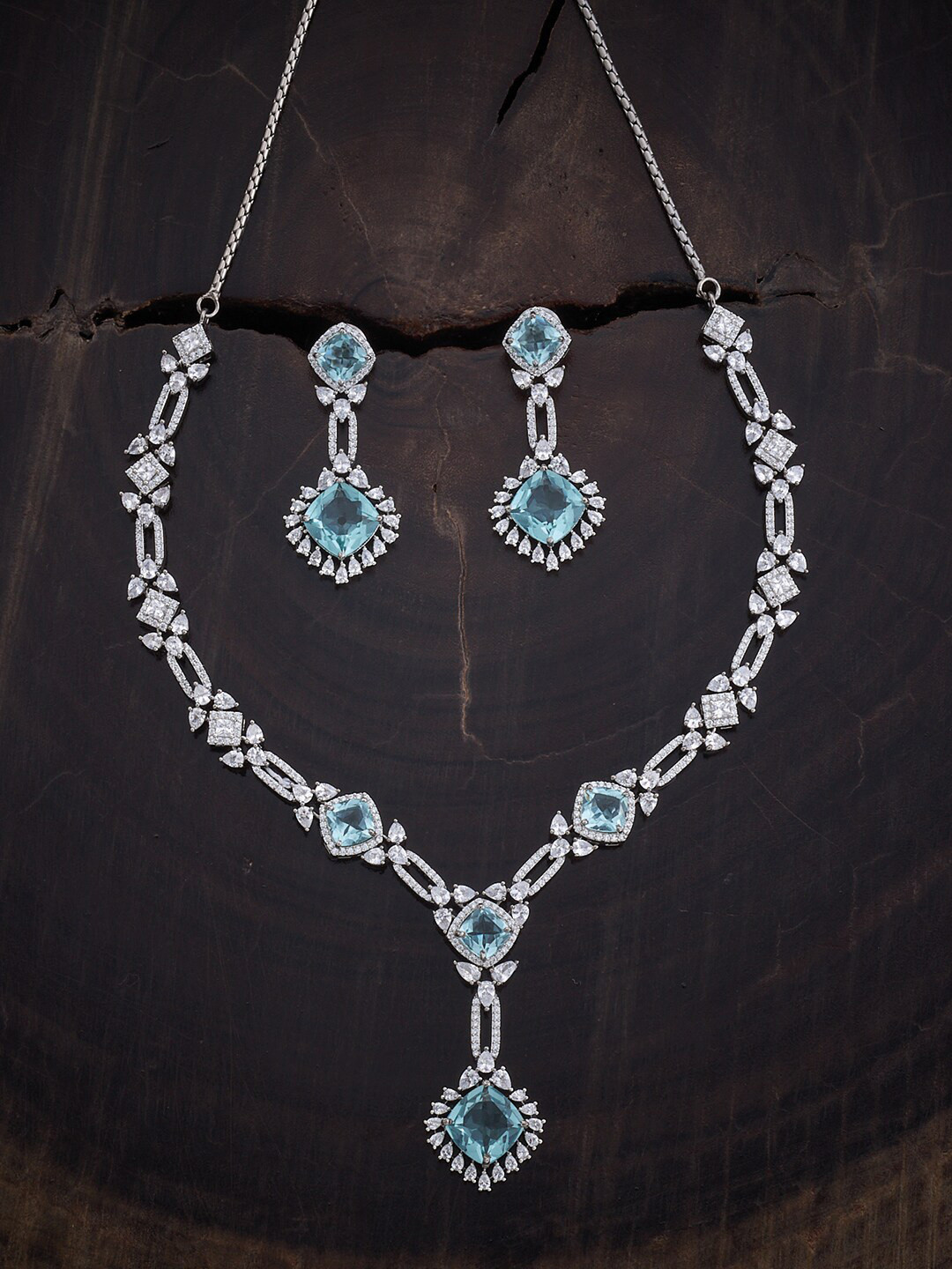 

Kushal's Fashion Jewellery Rhodium-Plated CZ-Studded Jewellery Set, Blue