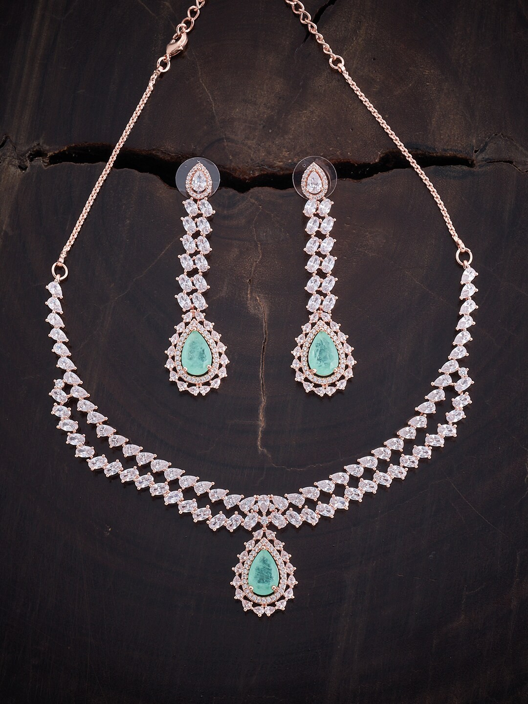 

Kushal's Fashion Jewellery Rose-Gold-Plated CZ-Studded Jewellery Set, Sea green
