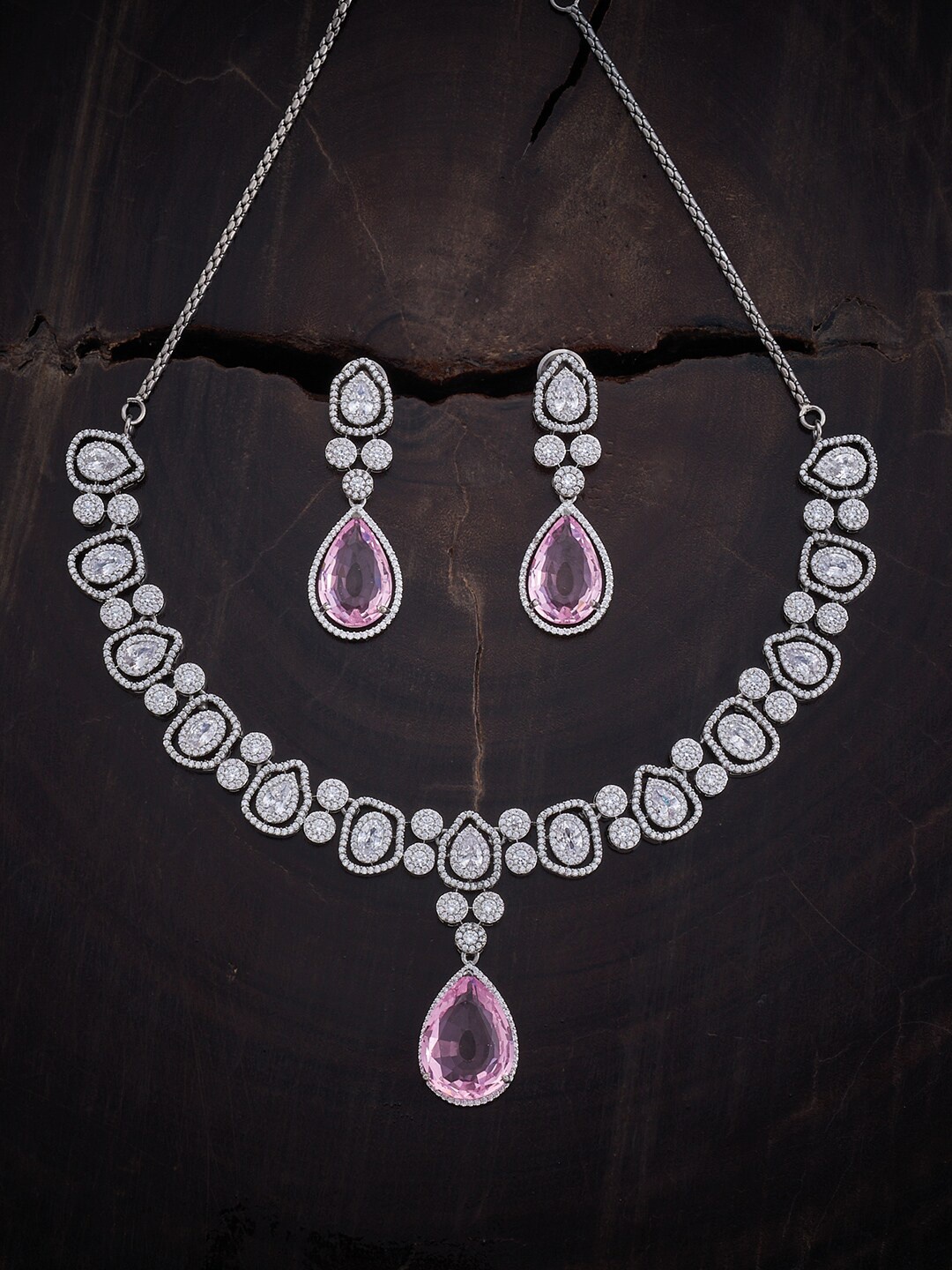 

Kushal's Fashion Jewellery Rhodium-Plated CZ-Studded Jewellery Set, Pink