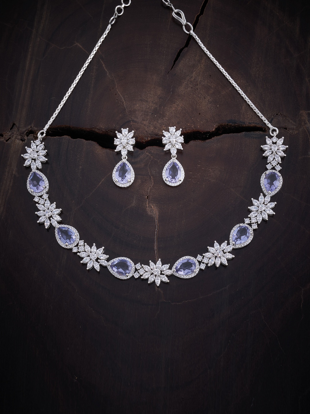 

Kushal's Fashion Jewellery Rhodium-Plated CZ Stone Studded Jewellery Set, Blue