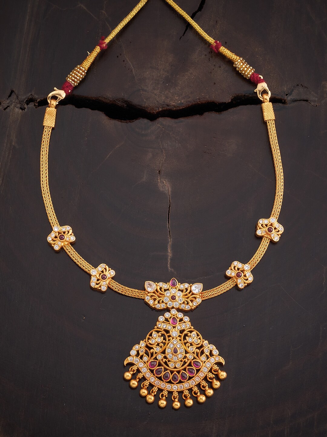 

Kushal's Fashion Jewellery Ruby 92.5 Pure Silver Gold Plated Temple Necklace, Red