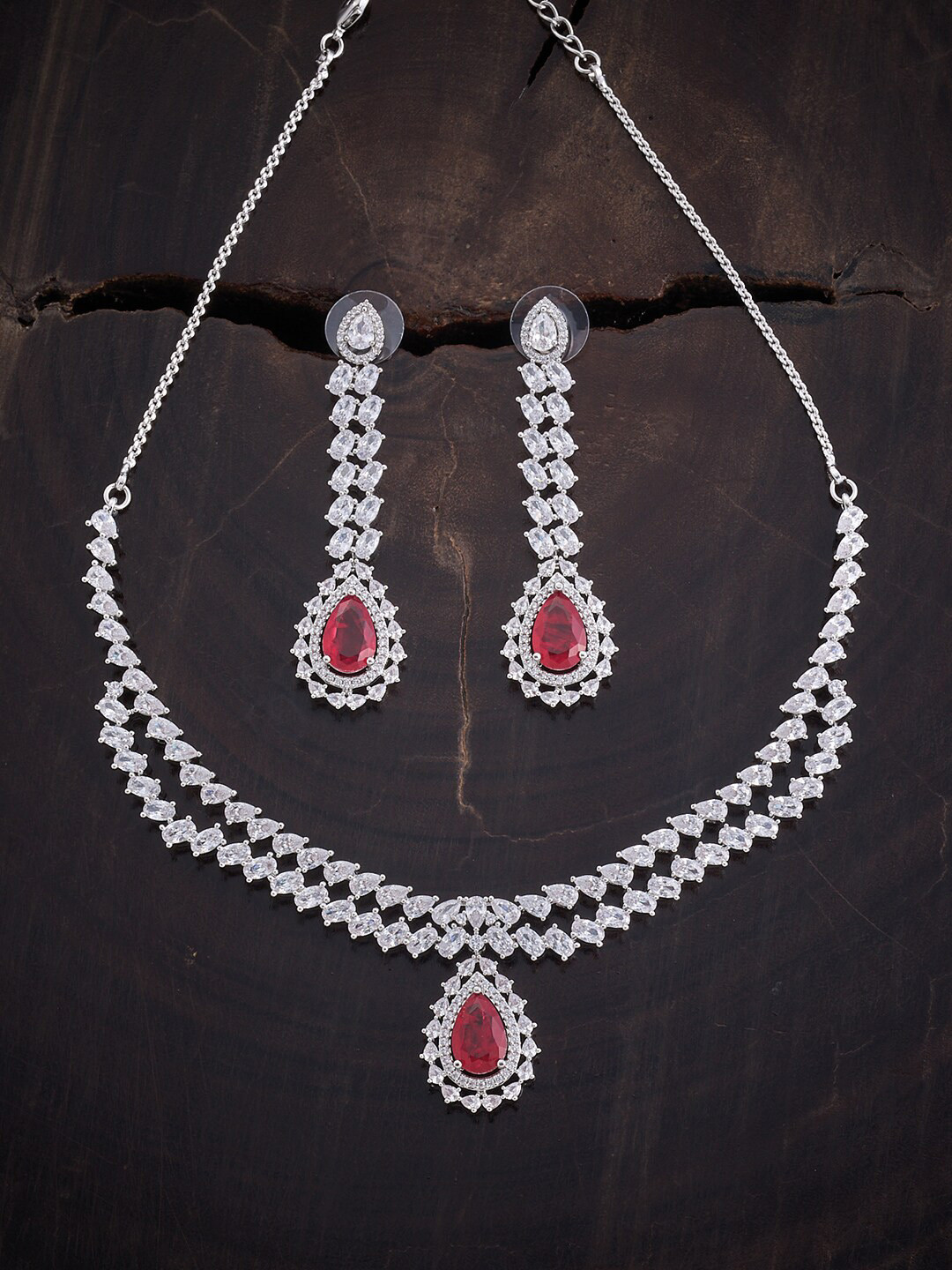 

Kushal's Fashion Jewellery Women Rhodium-Plated CZ-Studded Necklace and Earrings, Pink