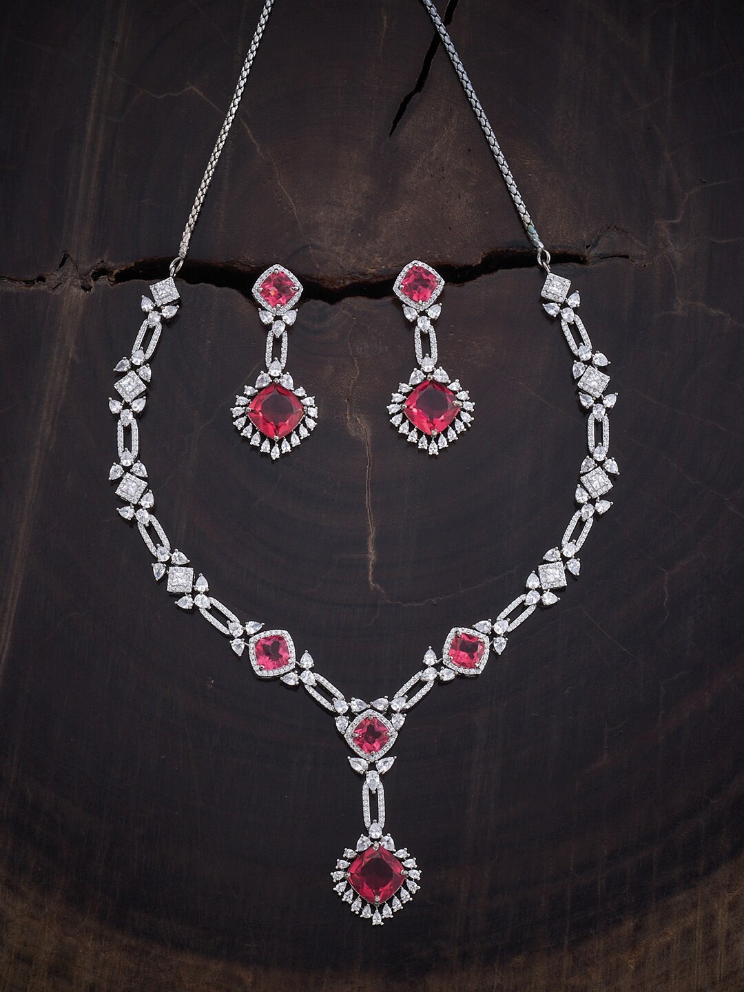

Kushal's Fashion Jewellery Rhodium-Plated CZ Stone Studded Jewellery Set, Red
