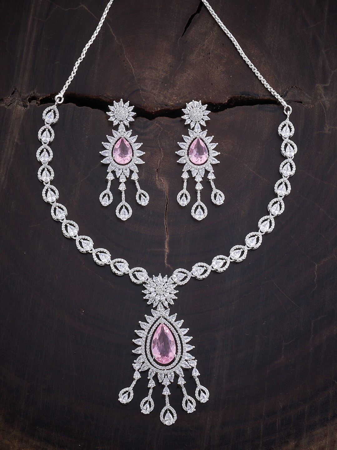 

Kushal's Fashion Jewellery Rhodium Plated CZ Stone Studded Jewellery Set, Pink
