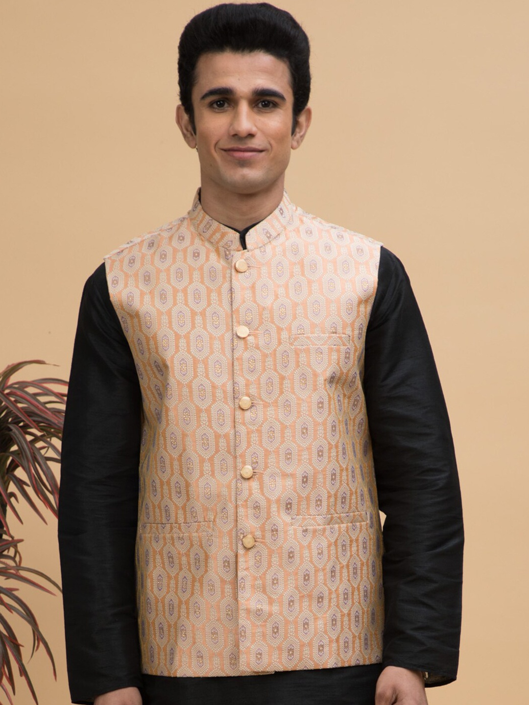 

NEUDIS Men Woven Design Nehru Jacket, Peach