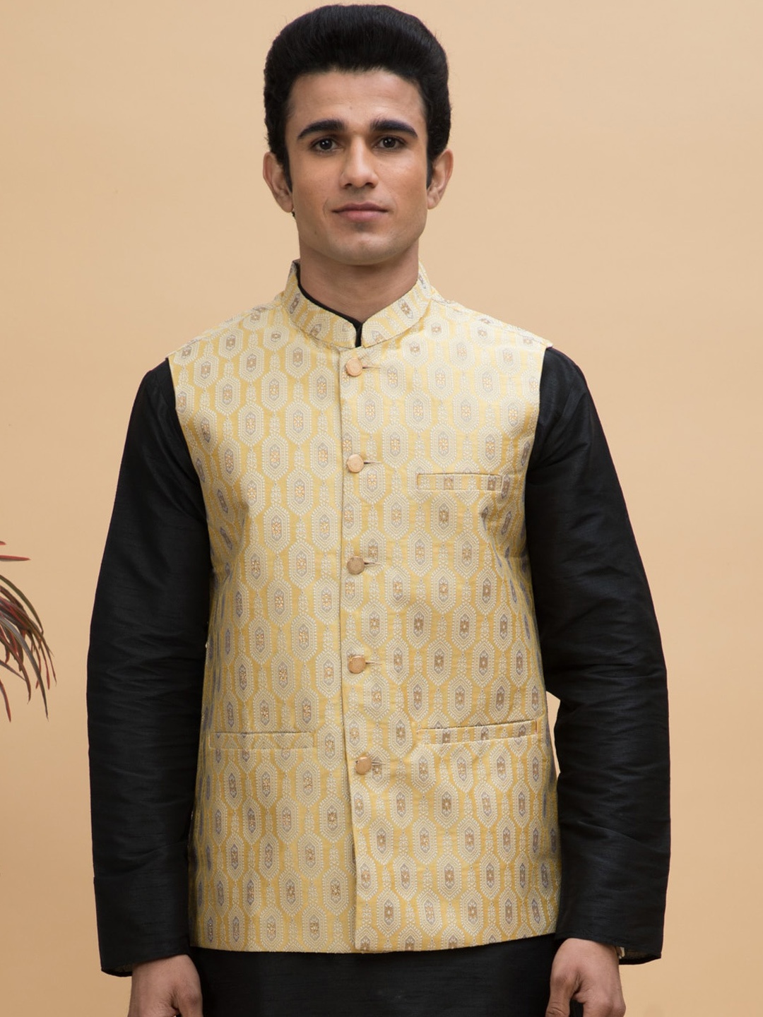 

NEUDIS Men Woven Design Nehru Jacket, Yellow