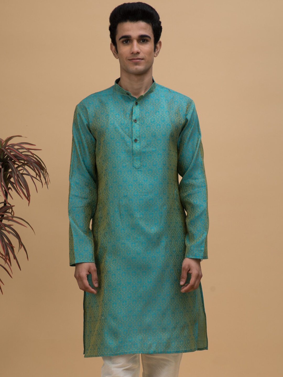 

NEUDIS Men Jacquard Mandarin Collar Kurta, Teal