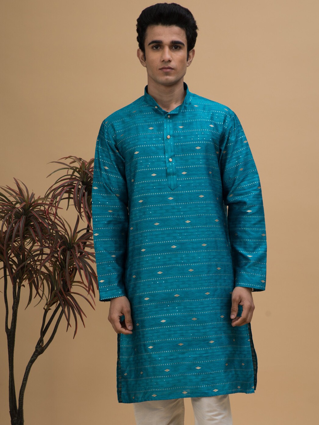 

NEUDIS Men Ethnic Motifs Printed Jacquard Handloom Kurta, Turquoise blue