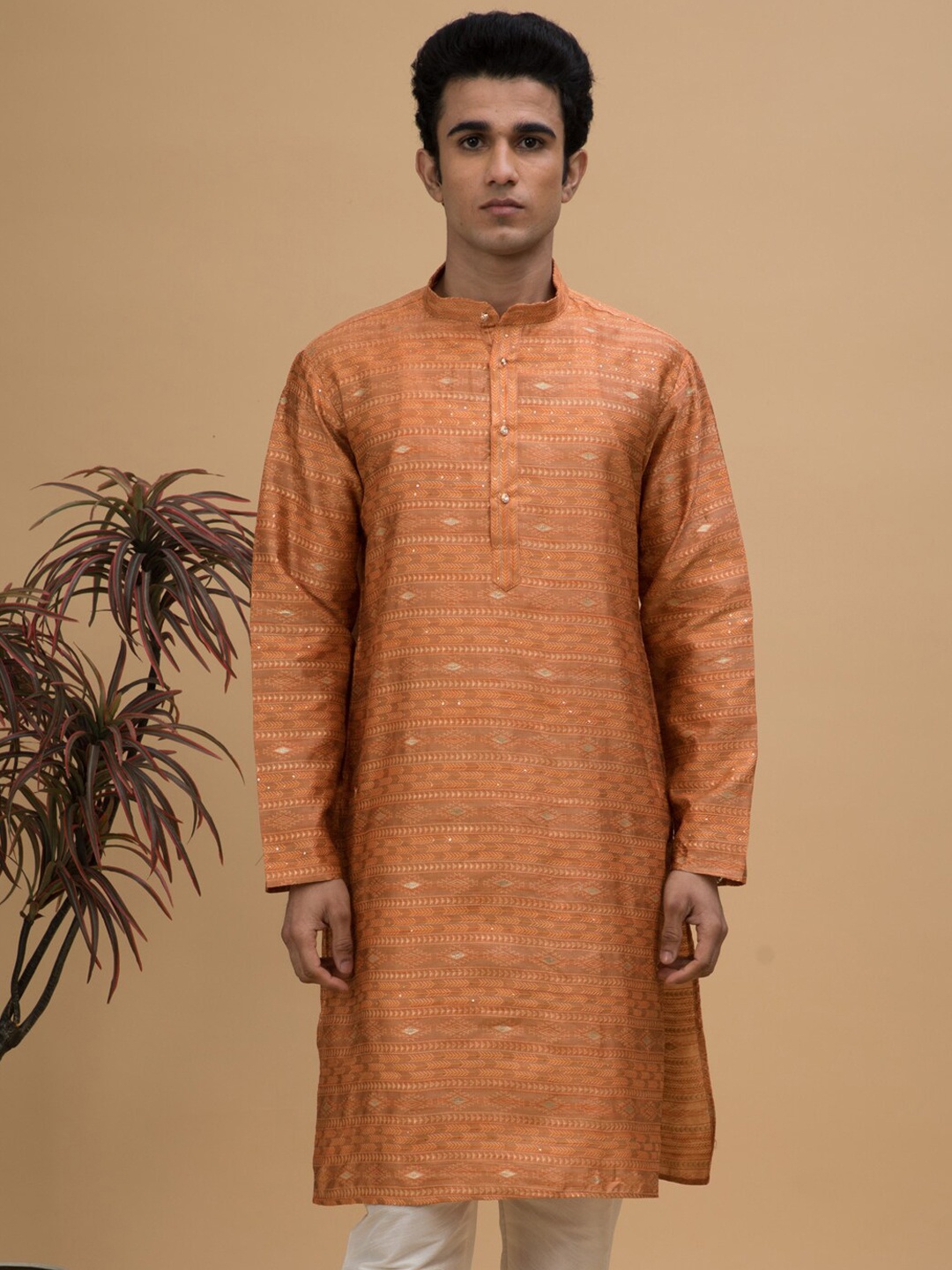 

NEUDIS Men Ethnic Motifs Jacquard Kurta, Orange
