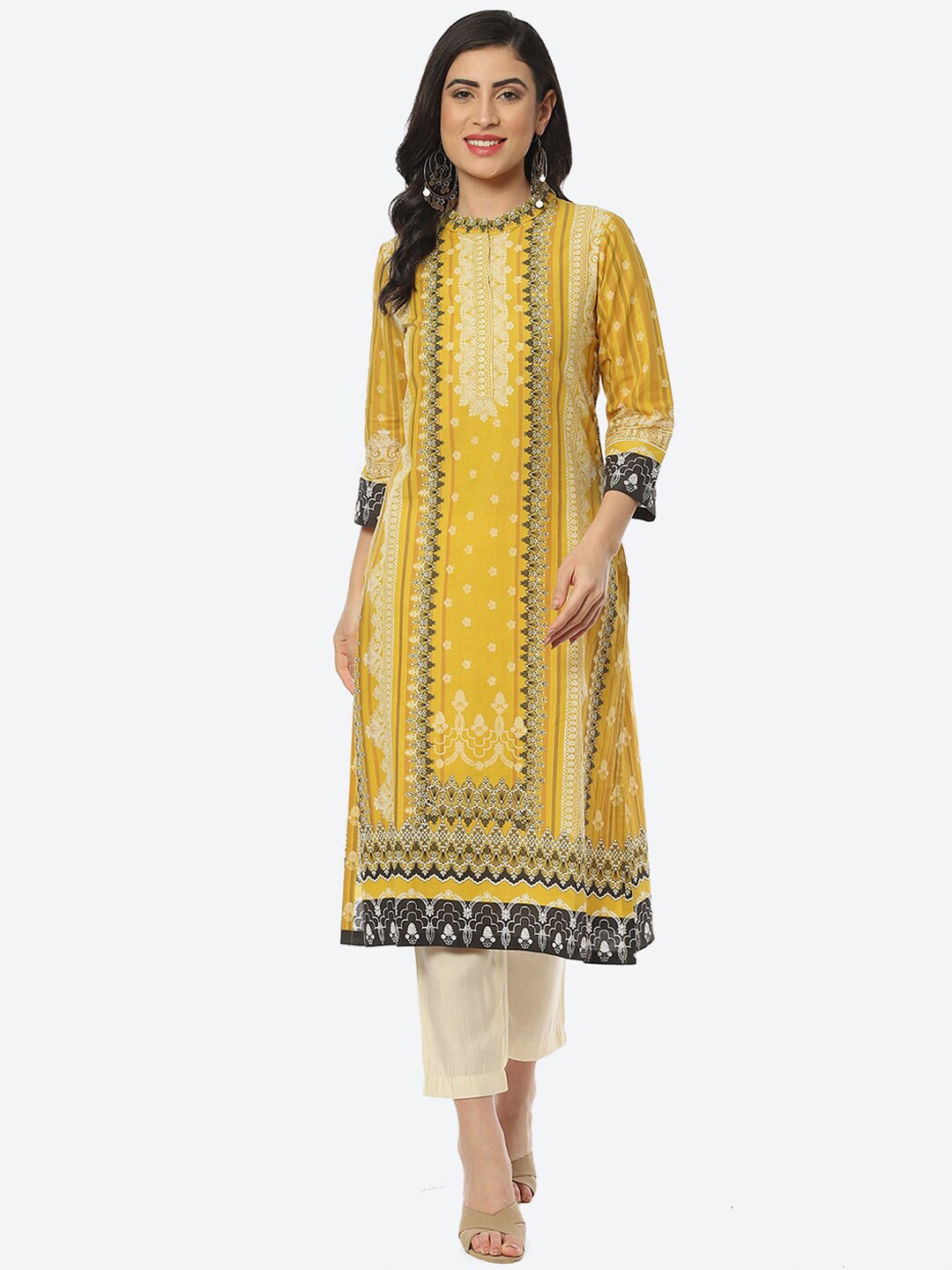 

Biba Ethnic Motifs Printed Mandarin Collar Kurta, Yellow