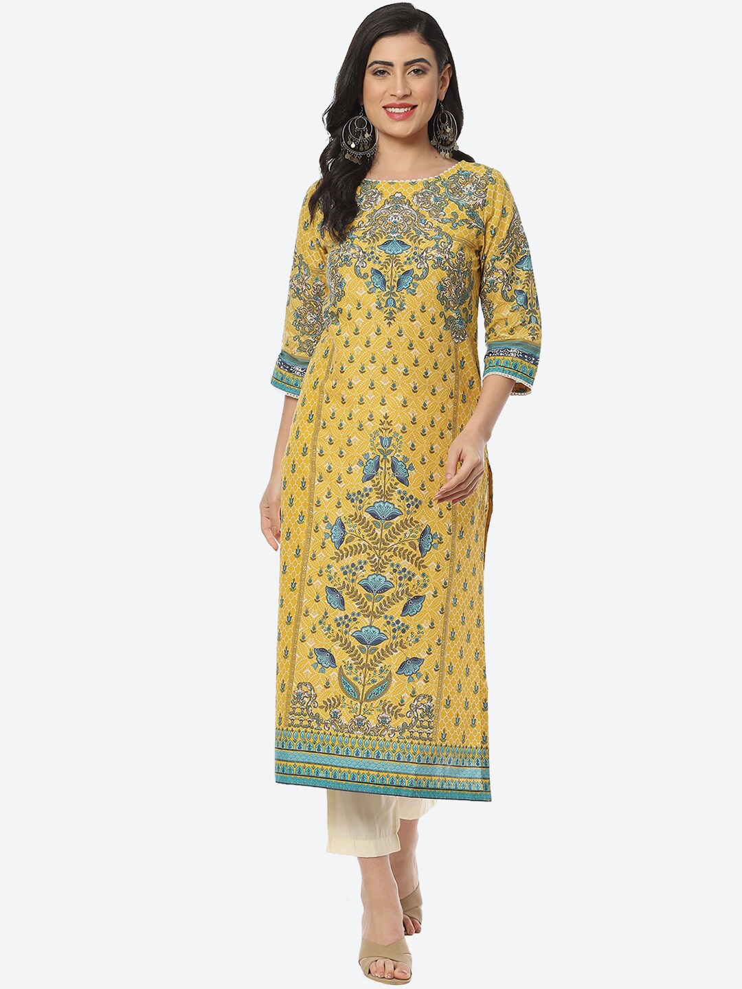 

Biba Women Plus Size Floral Printed Cotton Kurta, Yellow