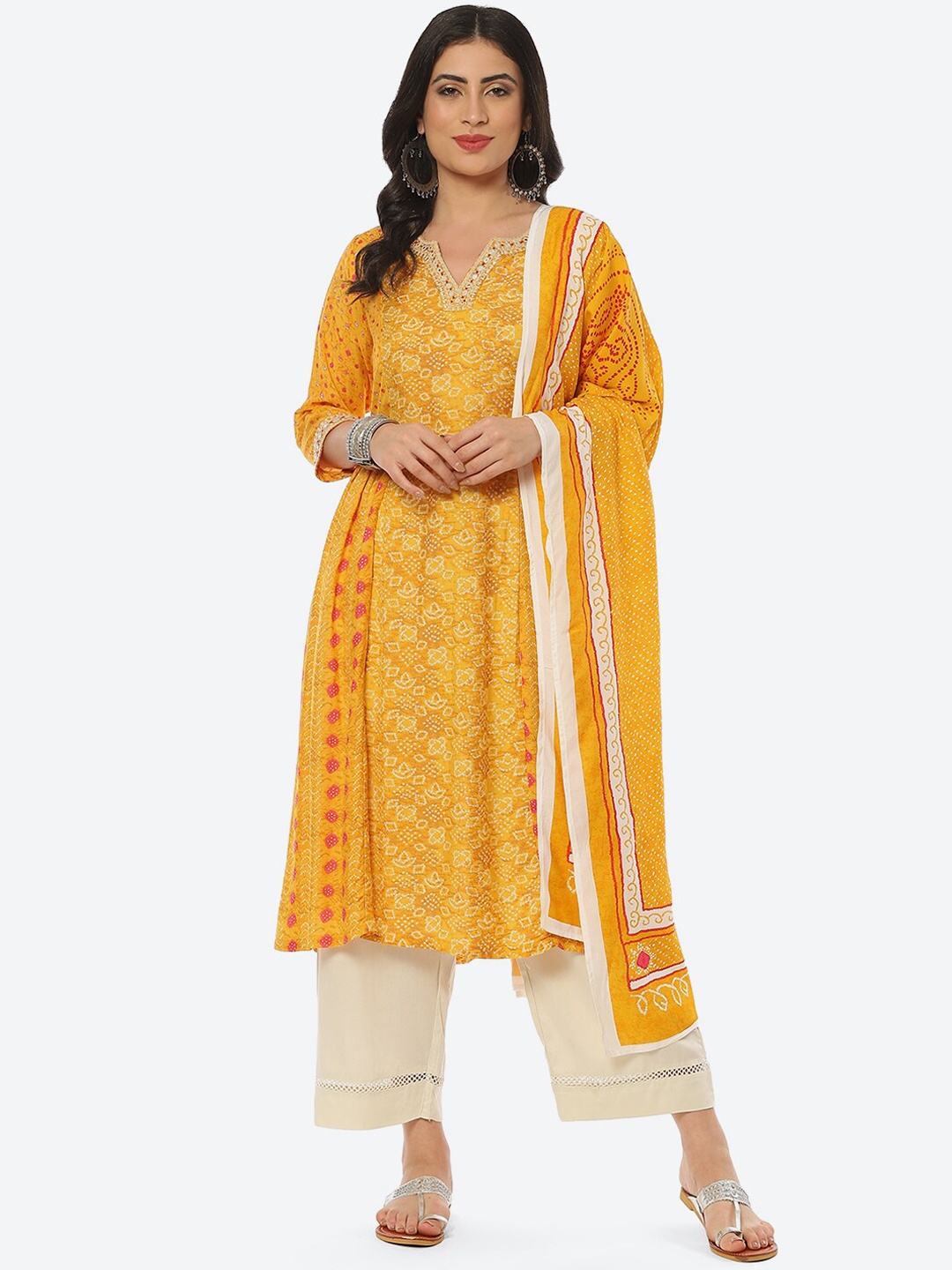 

Biba Women Bandhani Printed Mirror Work Kurta with Palazzos & With Dupatta, Yellow