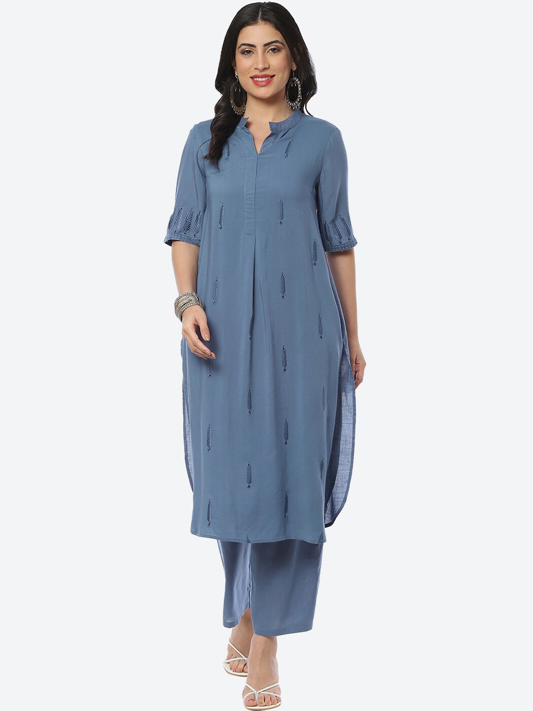 

Biba Women Embroidered Band Collar Straight Kurta with Palazzos, Blue