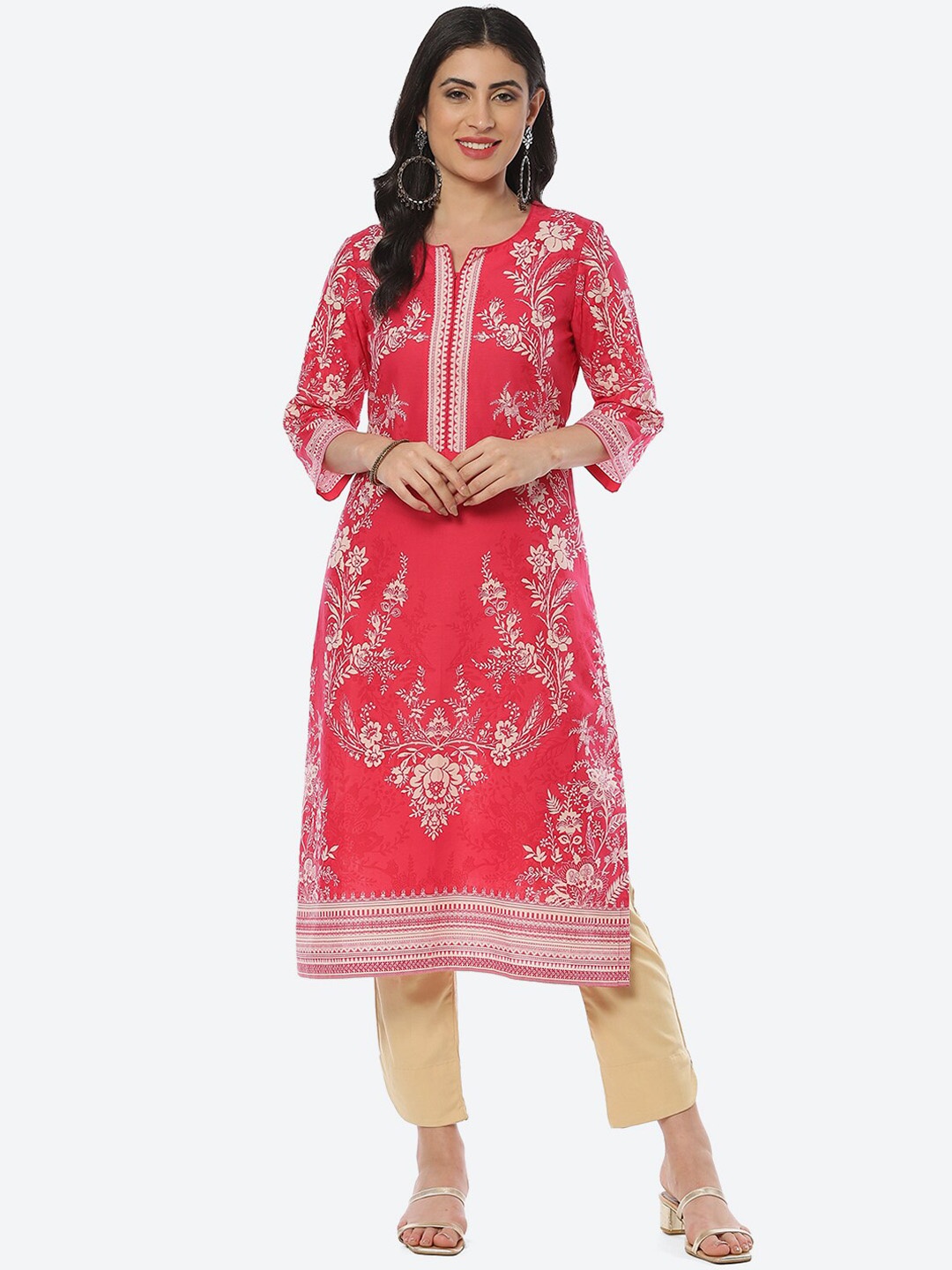 

Biba Women Plus Size Floral Printed Straight Cotton Kurta, Fuchsia