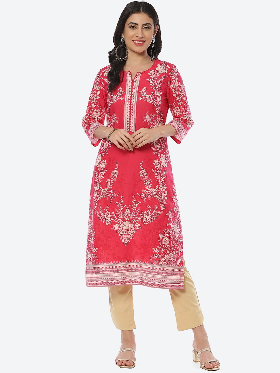 

Biba Women Floral Printed Straight Cotton Kurta, Fuchsia