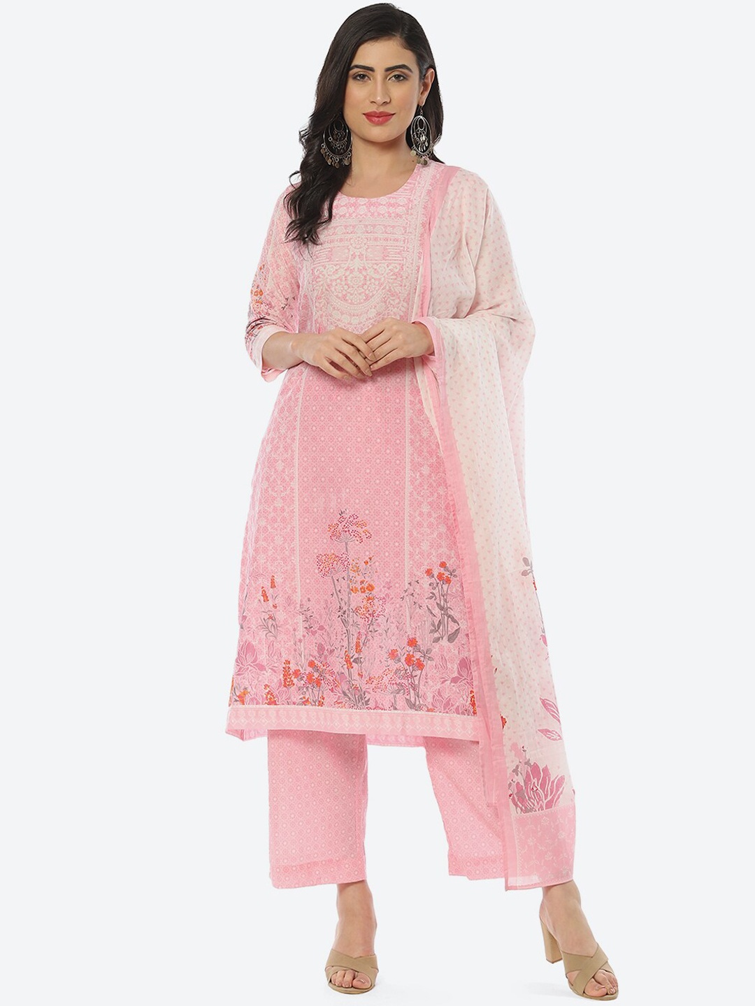 

Biba Women Floral Printed Kurta with Palazzos & Dupatta, Pink