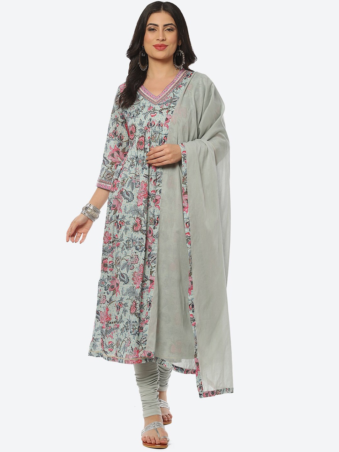 

Biba Women Floral Printed Kurta with Churidar & Dupatta, Blue