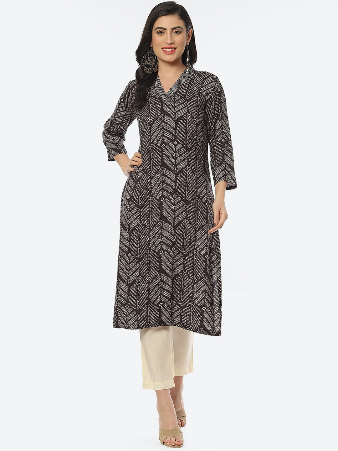 

Biba Women V-Neck Geometric Printed Kurta, Black