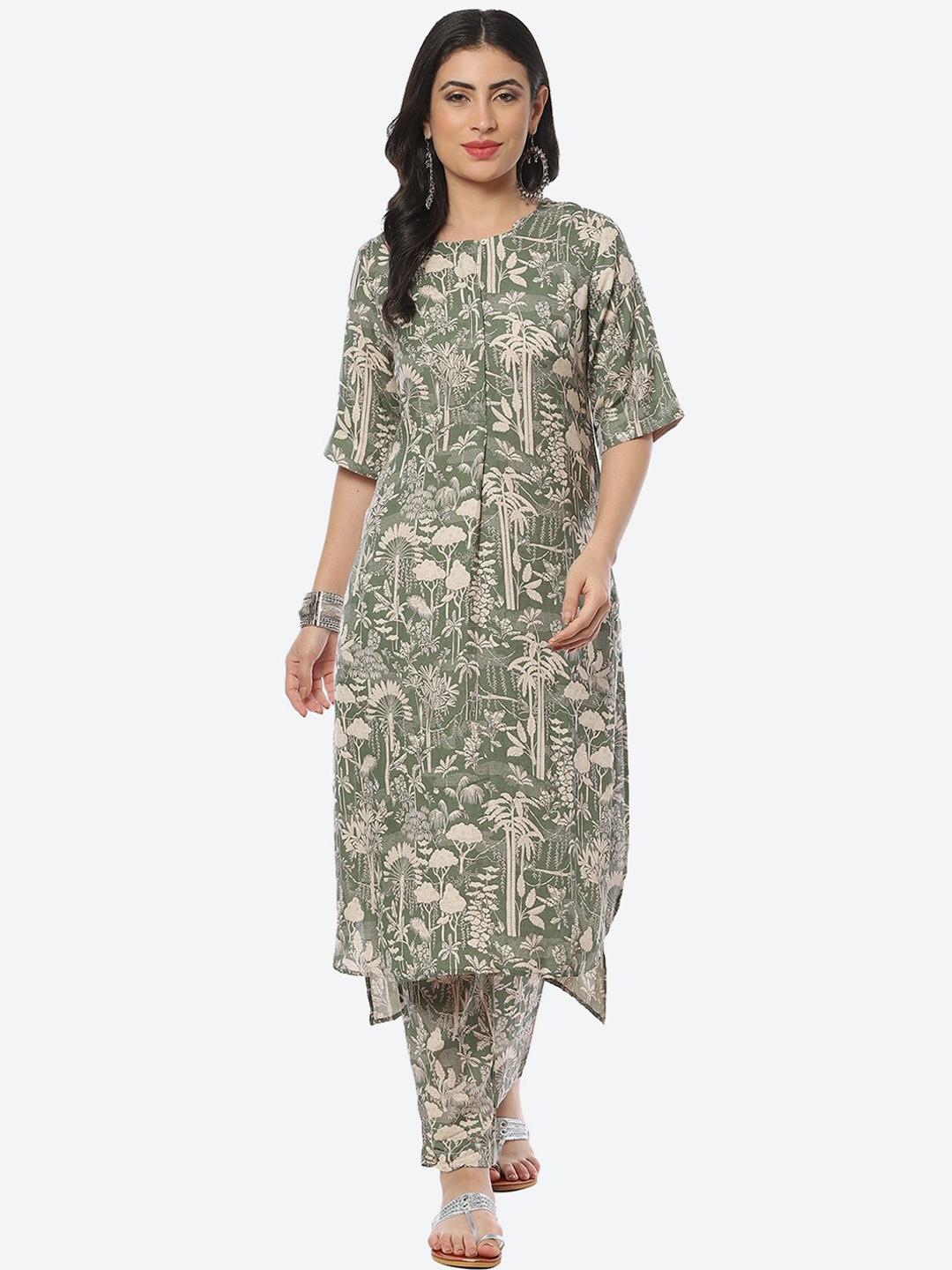 

Biba Women Floral Printed Kurta with Trousers, Green