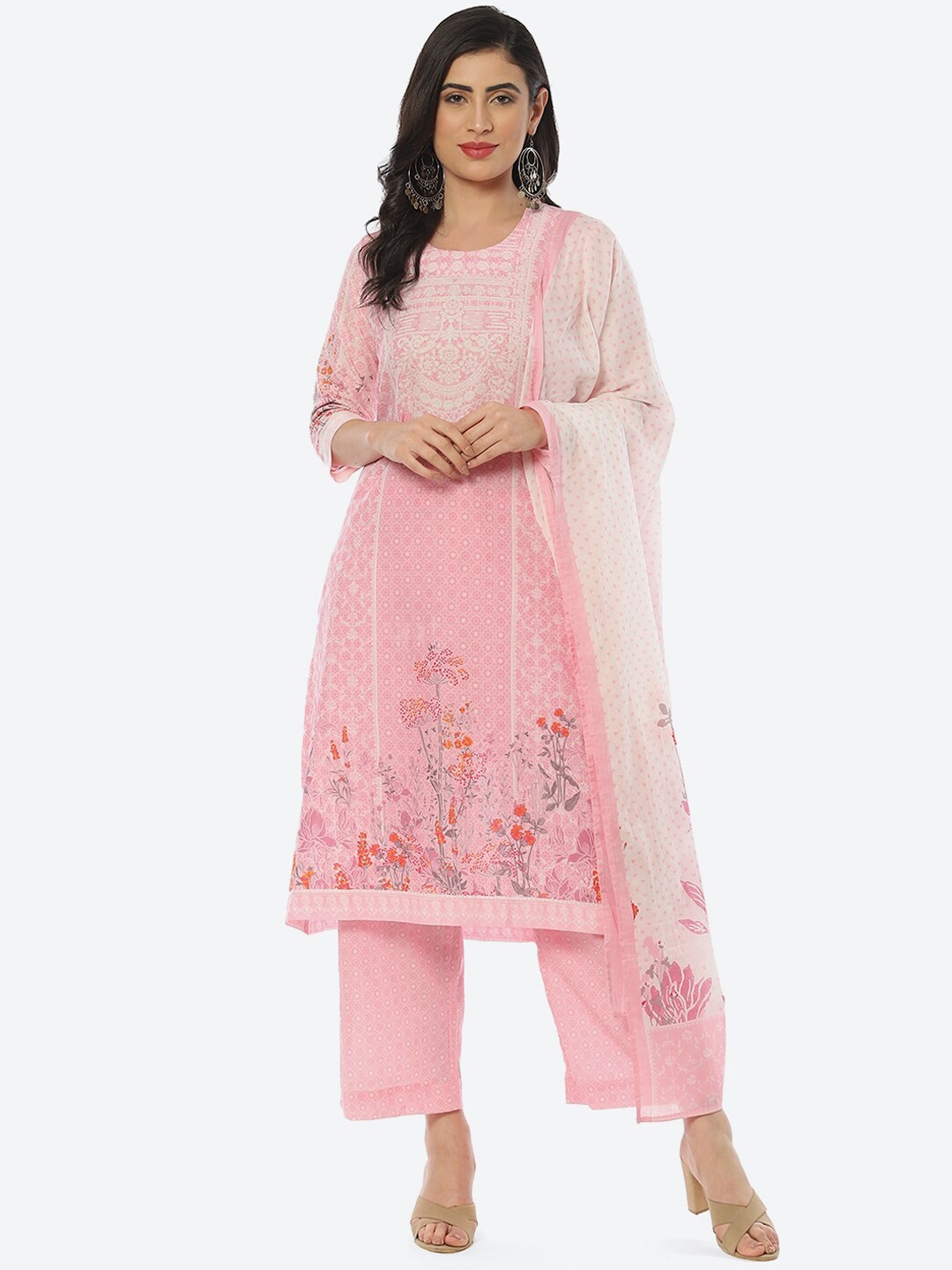 

Biba Women Floral Printed Kurta With Palazzos & Dupatta, Pink