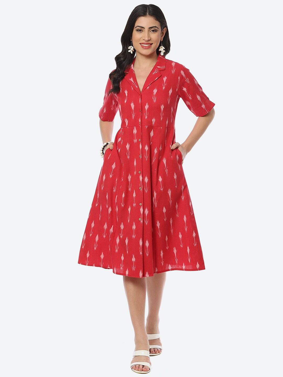 

Biba Floral Shirt Midi Cotton Dress, Red
