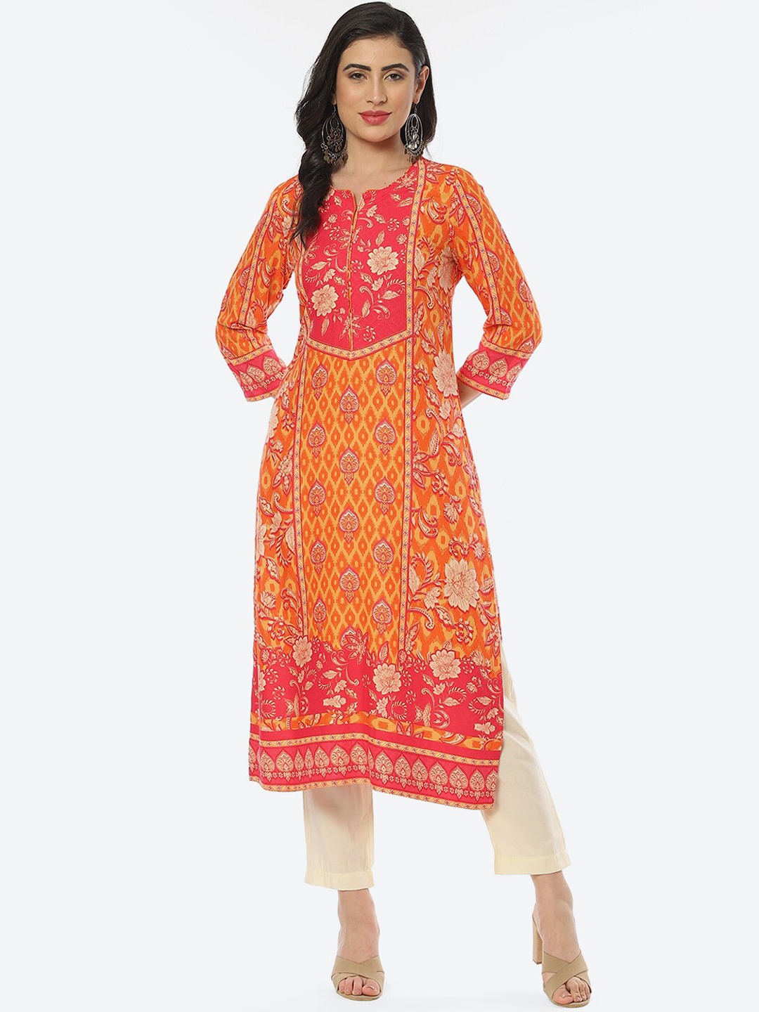 

Biba Women Floral Printed Notched Neck Kurta, Orange