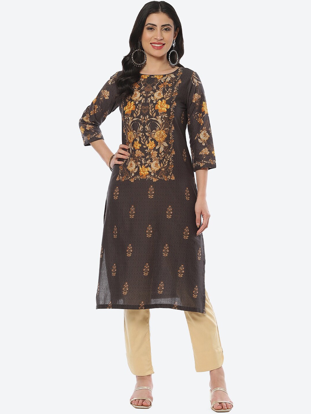 

Biba Women Floral Printed Boat Neck Cotton Kurta, Coffee brown