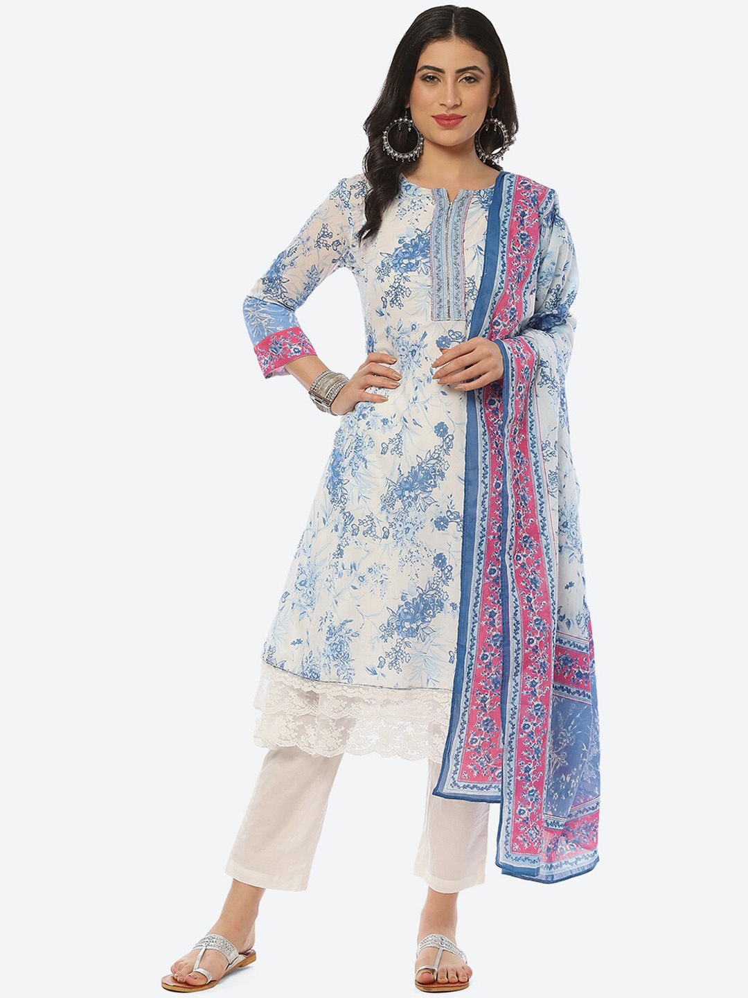 

Biba Women Floral Printed Kurta with Trousers & With Dupatta, White