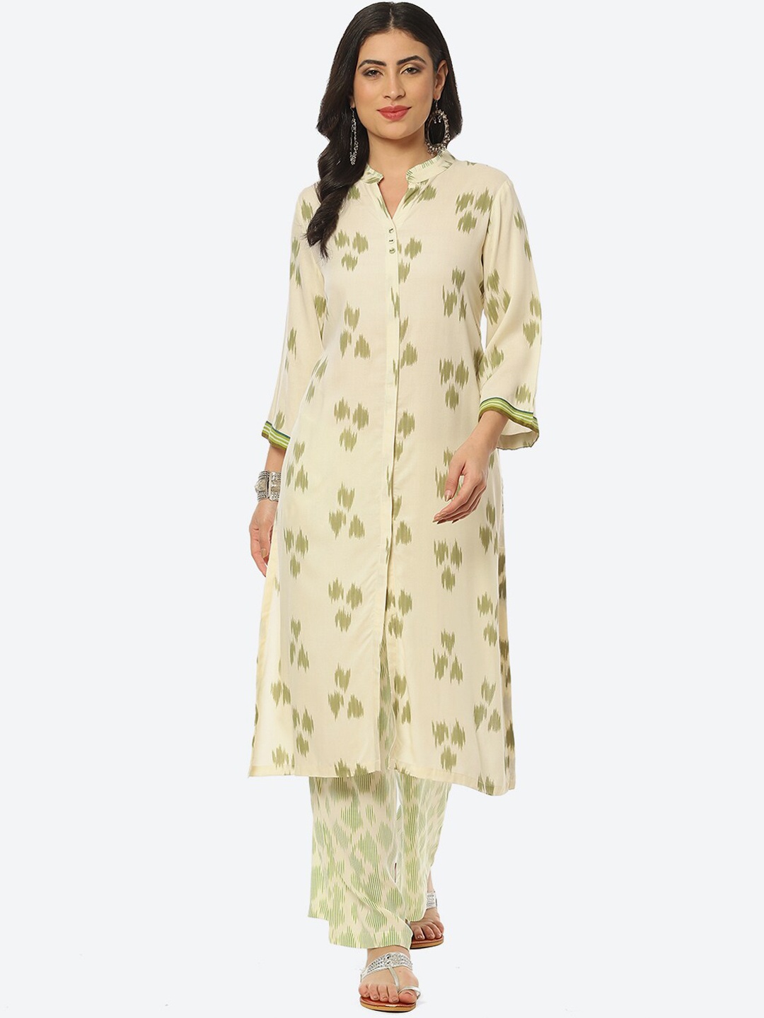 

Biba Women Ethnic Printed Ikat Kurta with Trousers, Cream