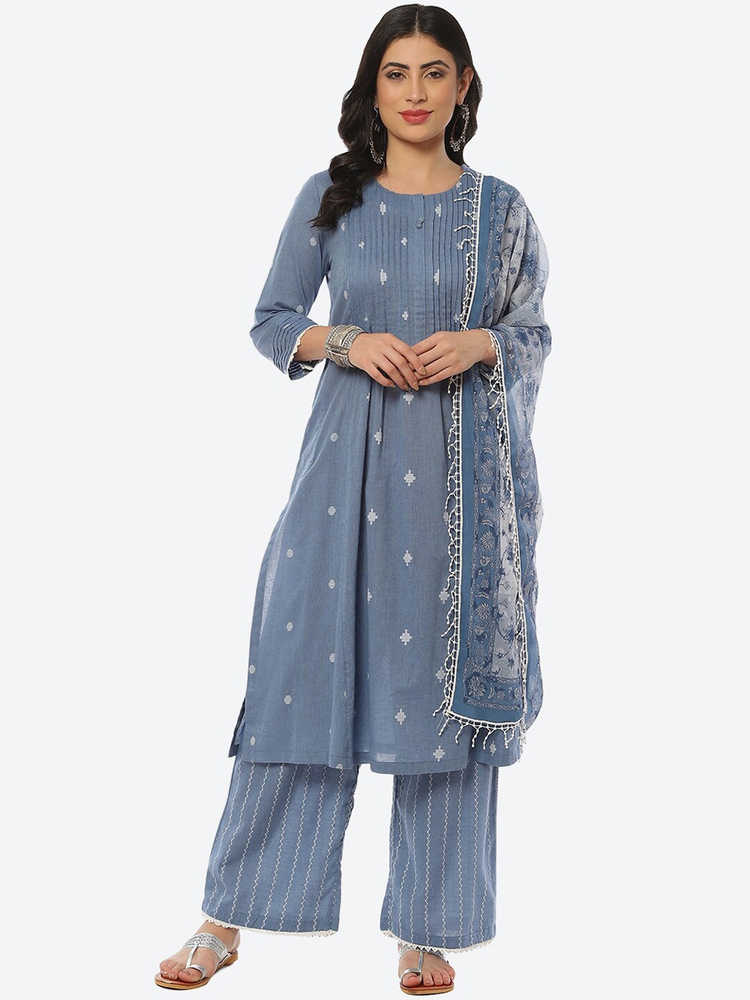 

Biba Women Geometric Printed Kurta With Palazzos & Dupatta, Blue