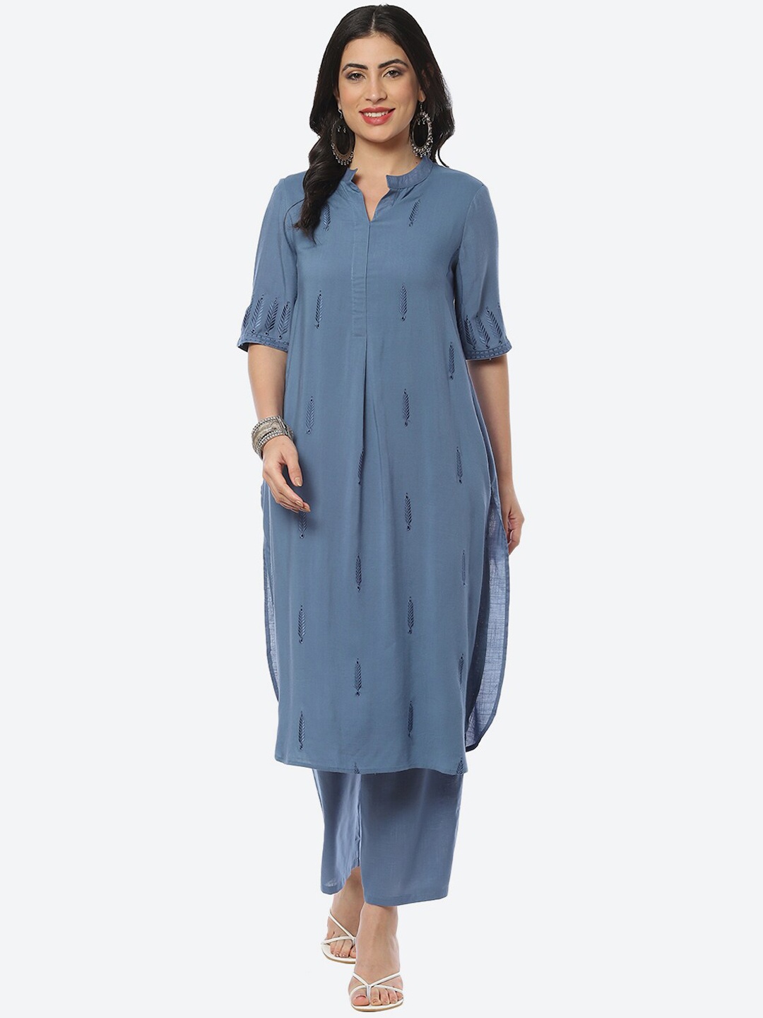 

Biba Women Embroidered A-Line Kurta With Palazzos, Blue