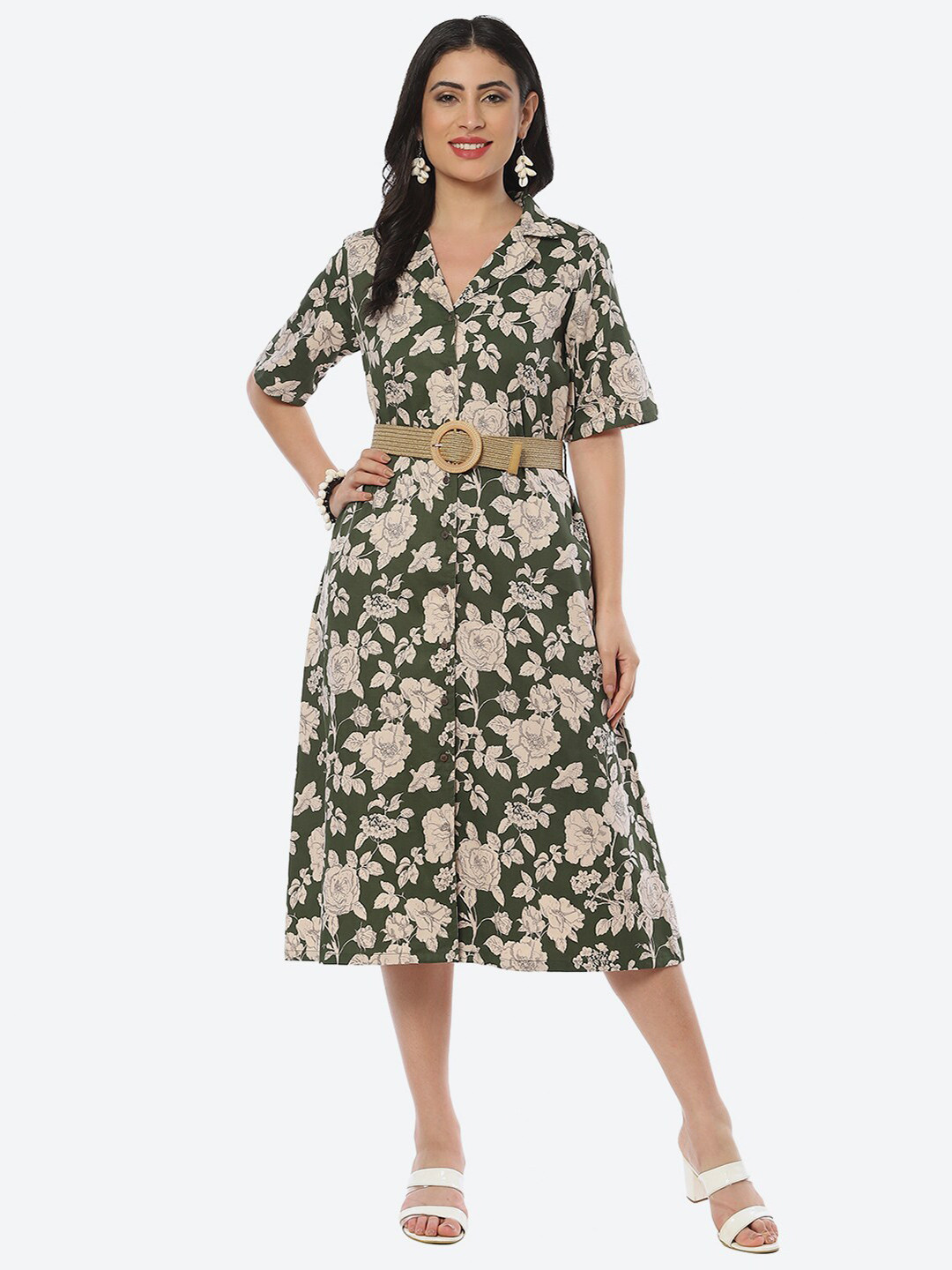 

Biba Floral Shirt Midi Cotton Dress, Green