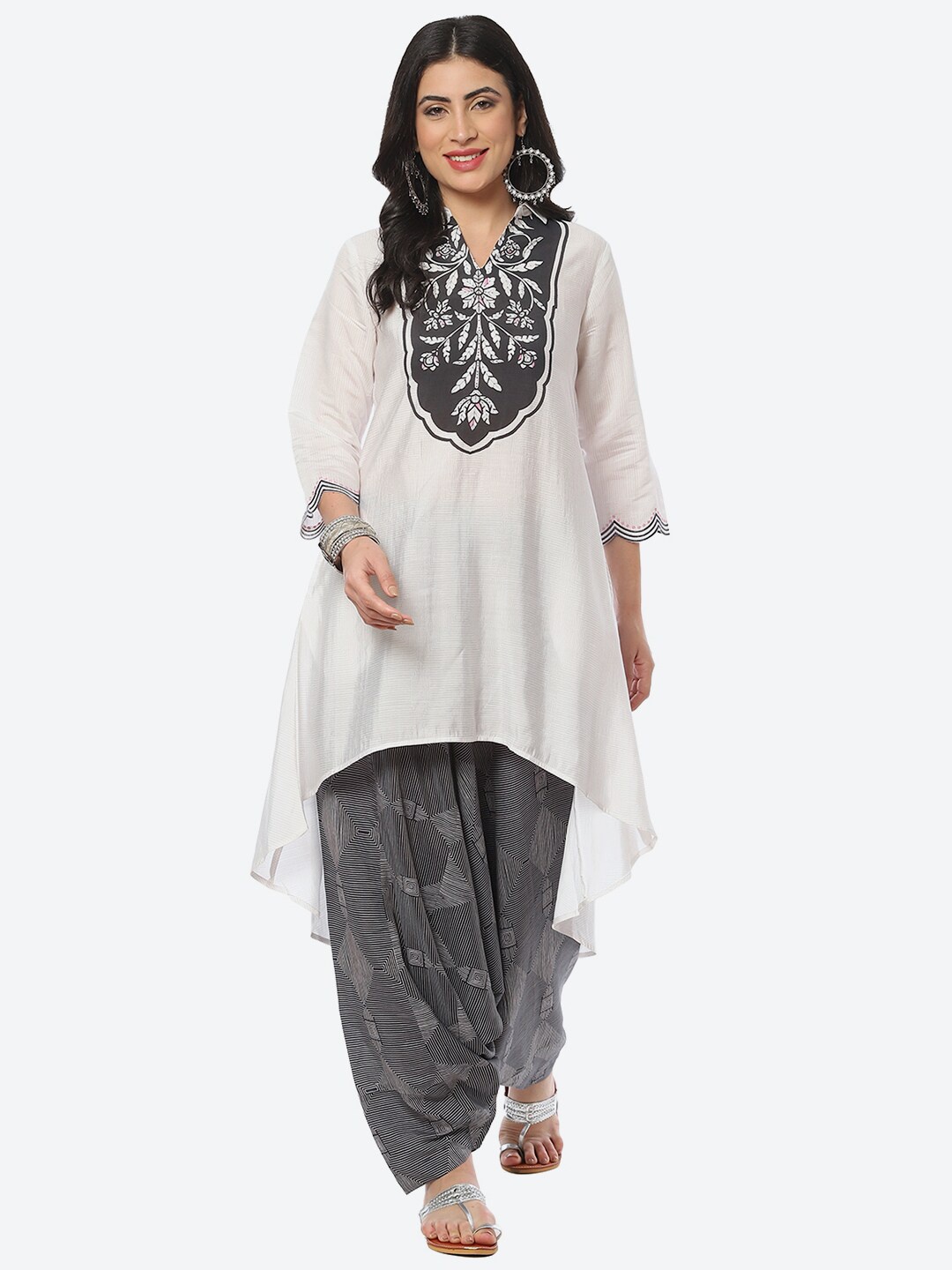 

Biba Shirt Collar Floral Printed Kurta With Harem Pants, White