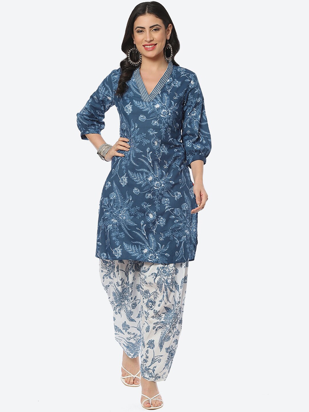 

Biba V-Neck Floral Printed Cotton Straight Kurta With Salwar, Blue