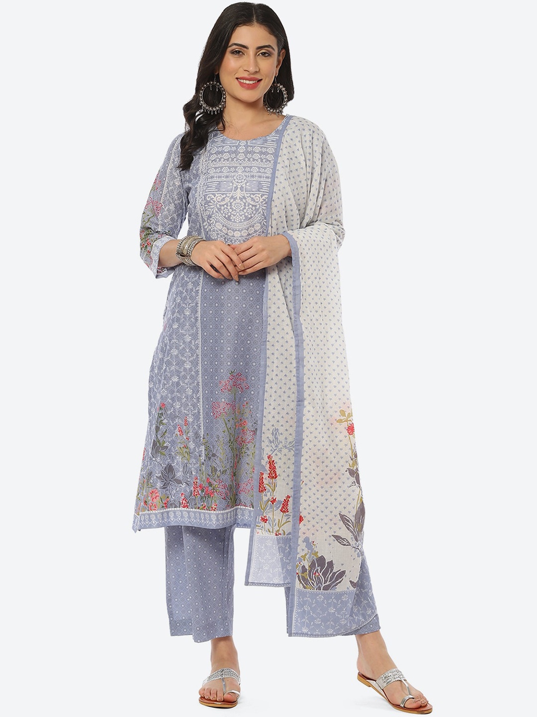 

Biba Women Floral Printed Kurta with Palazzos & With Dupatta, Blue