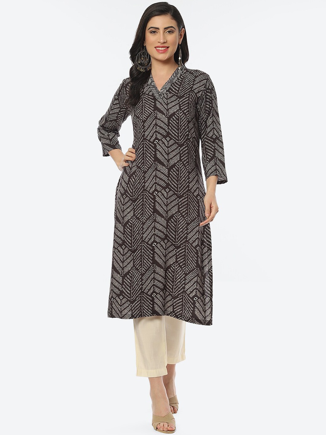 

Biba Women Geometric Printed V-Neck Kurta, Black