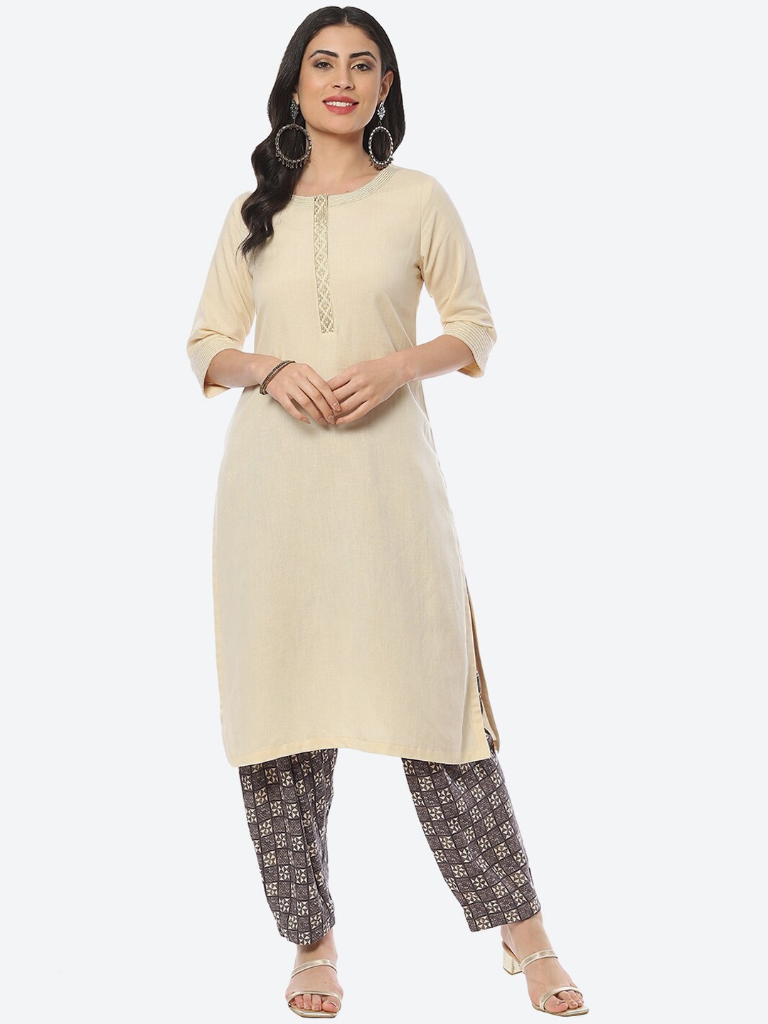 

Biba Women Round Neck Kurta, Beige