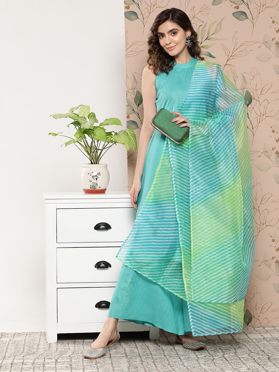 

InWeave Striped Kurta With Palazzos & With Dupatta, Teal
