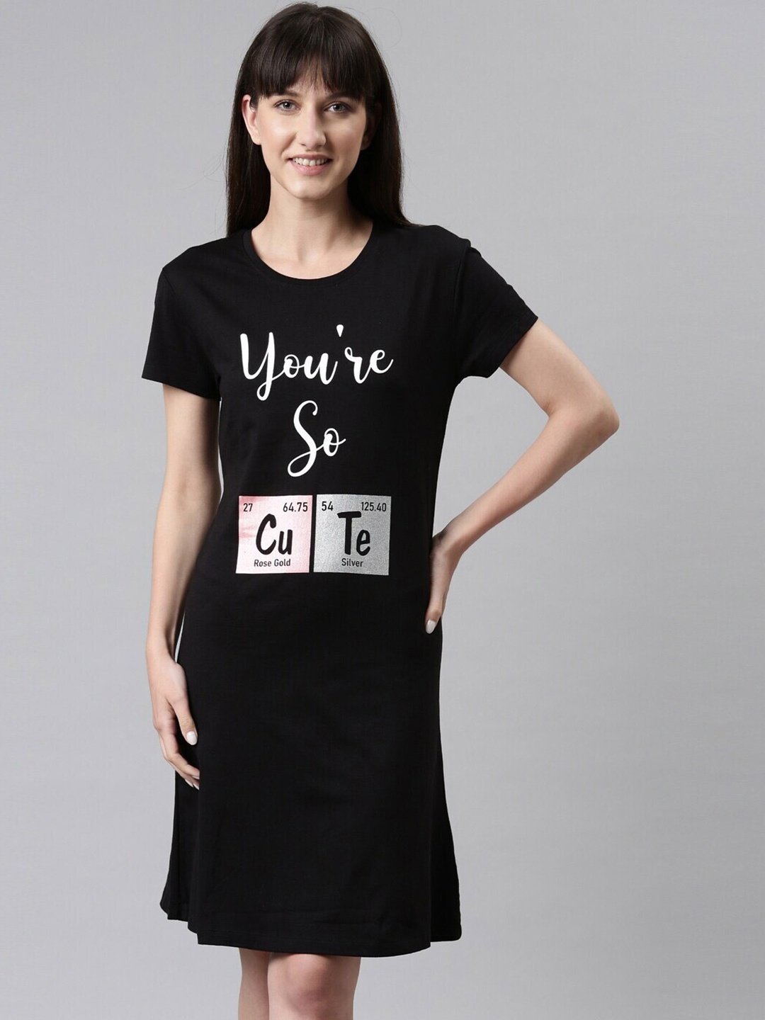 

TWIN BIRDS Typography Printed Pure Cotton Nightdress, Black