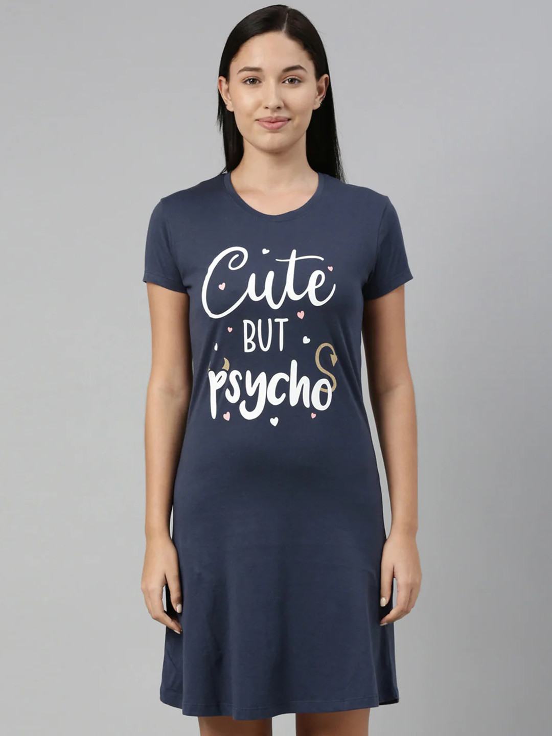 

TWIN BIRDS Typography Pure Cotton Printed Nightdress, Blue