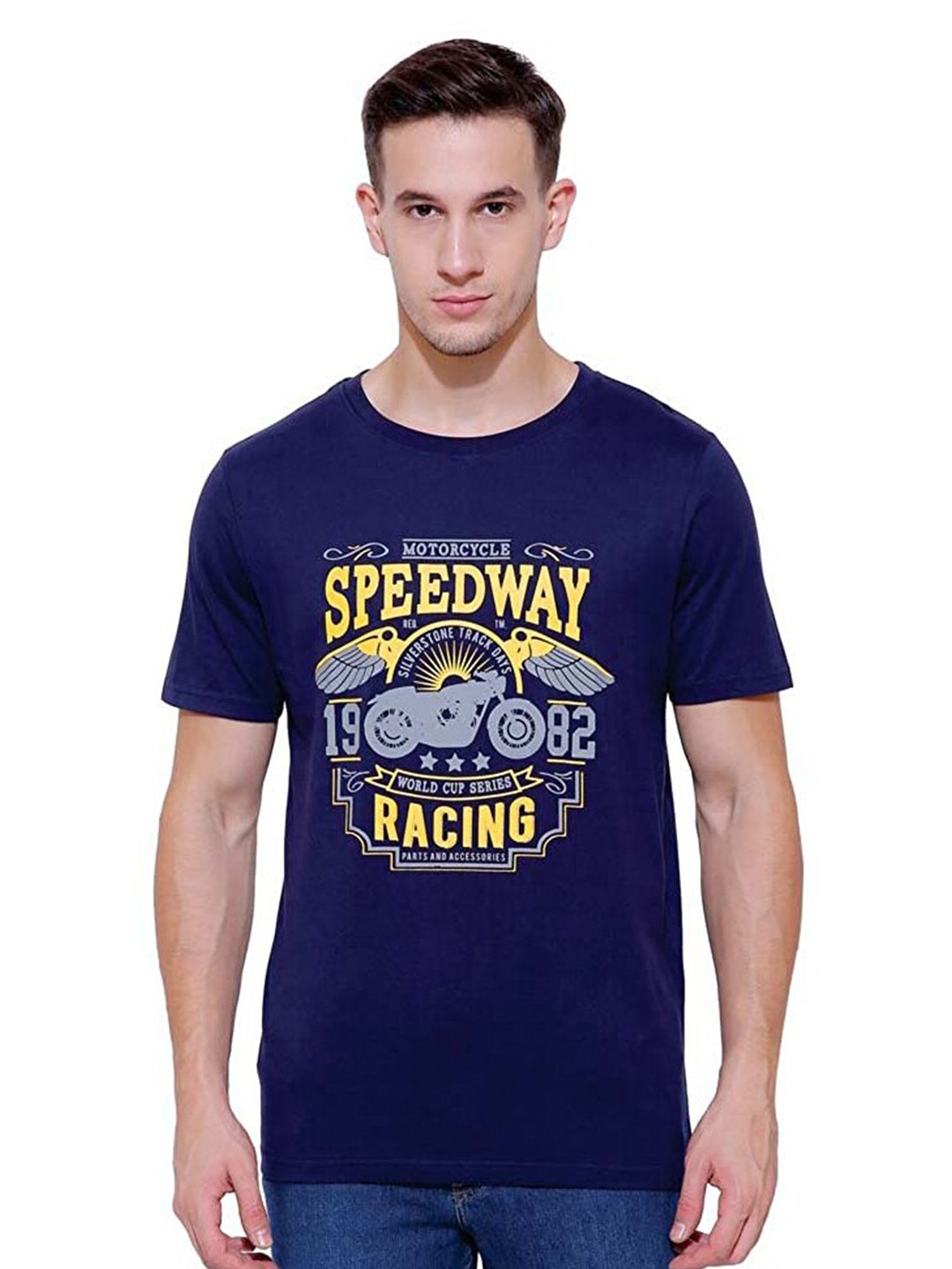 

DYCA Men Biker Printed Cotton T-shirt, Navy blue