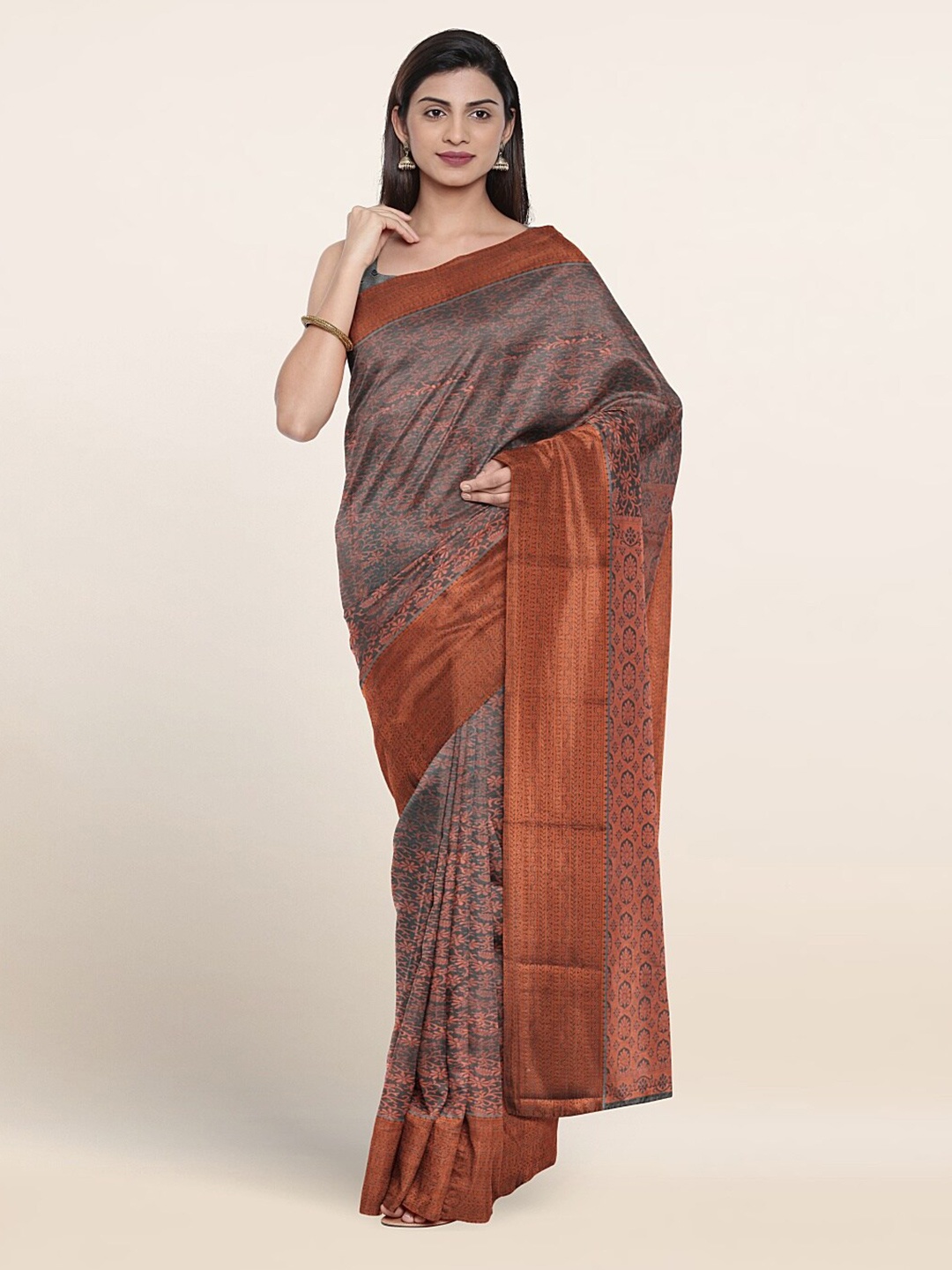 

Pothys Ethnic Motif Woven Design Zari Border Saree, Grey